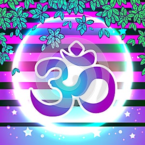 Dawali spiritual sign Om over the vibrant beaming background. Trendy and bright artwork compositin. Vector illustration.