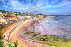 Dawlish Devon England with beach railway track and sea on blue sky summer day in HDR