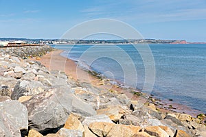 Dawlish Warren beach and rocks Devon England on blue sky summer day