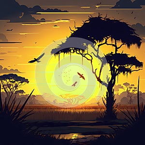 Dawn in african savanna. Beautiful nature illustration
