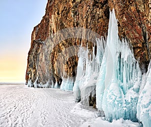 Dawn at Baikal cape in early March