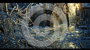 Dawn breaks over streets and trees encased in a thick layer of ice after a storm