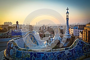 Dawn at a famous park in Barcelona, Spain