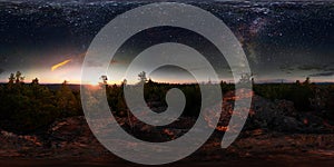 Dawn in the forest under the starry sky a milky way. 360 vr degree spherical panorama