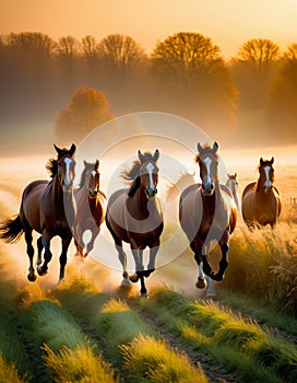 Dawn Gallop Through Misty Fields