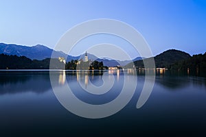 Dawn at lake Bled with blue skies, Slovenia