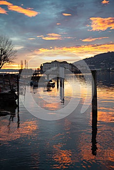 Dawn at Lake Maggiore. Isola Bella , Stresa, Lake - lago - Maggiore, Italy. Borromeo Palace