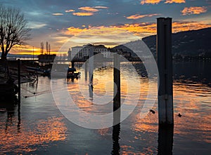 Dawn at Lake Maggiore. Isola Bella , Stresa, Lake - lago - Maggiore, Italy. Borromeo Palace