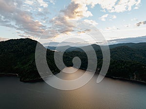 Dawn at Lake Waikaremoana aerial view. Te Urewera native forest. New Zealand