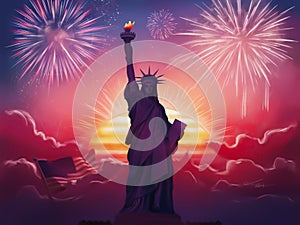 Dawn of Liberty Statue of Liberty Amidst American Flag and Fireworks concept independence day and memorial day