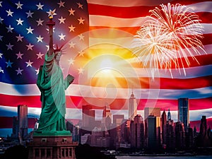 Dawn of Liberty Statue of Liberty Amidst American Flag and Fireworks concept independence day and memorial day