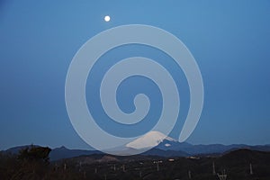 Dawn moon and Mt. Fuji