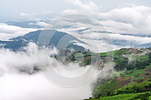 Dawn of the mountain range with the mist of morning at Phu Thap Boek, Phetchabun Province, Thailand