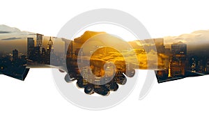 Dawn of a New Era: Handshake Blending into a Sunrise Cityscape, Symbolizing Unity and Growth. Conceptual Creative Image