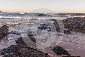 Dawn over Currumbin beach with Surfers Paradise in the background