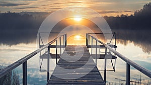 Dawn over a misty lake with a wooden pier in the  summer  forest