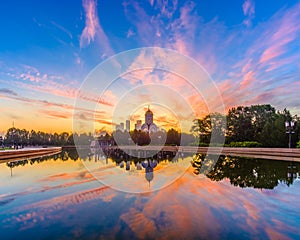 Dawn over Victory Park on Poklonnaya Hill in Moscow in the summer.