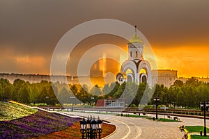 Dawn over Victory Park on Poklonnaya Hill in Moscow in the summer.