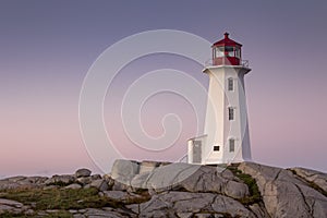 Dawn at Peggy`s Cove Lighthouse in Nova Scotia, Canada