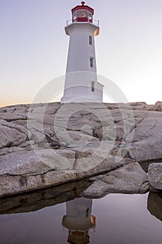 Dawn at Peggy`s Cove Lighthouse in Nova Scotia, Canada