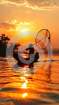 Dawn ritual Silhouetted fisherman on a wooden boat, casting nets