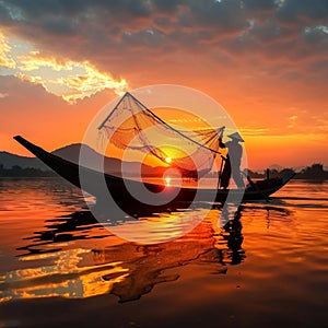 Dawn ritual Silhouetted fisherman on a wooden boat, casting nets