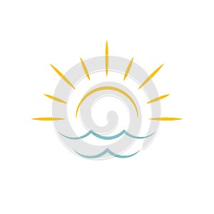 Dawn on sea. Sun icon. Travel agency emblem concept, vector logo template.