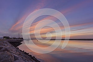 Dawn seascape view of Olhao Marina, waterfront to Ria Formosa. Algarve