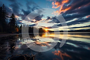 Dawn spectacle Time lapse captures clouds dancing over a tranquil lake