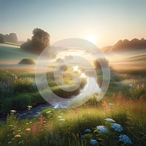 Dawn in Tranquil Meadow, AI generated