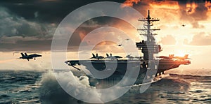 Dawn of valor, fighter jets launch from a majestic carrier in war zone turmoil