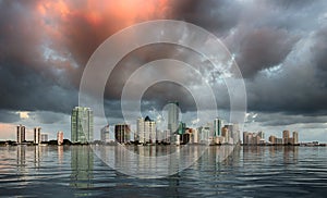 Dawn view of Miami Skyline reflected in water