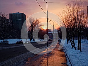 Dawn on the winter streets of Moscow