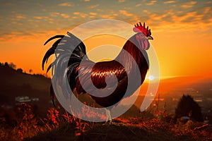 Dawns announcement, rooster shadow cast by the morning sunrise light