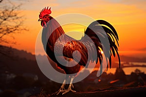 Dawns announcement, rooster shadow cast by the morning sunrise light