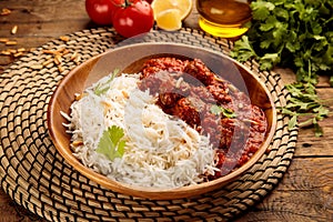 DAWOOD BASHA or meatballs with rice served in a dish isolated on wooden background side view of arabic food