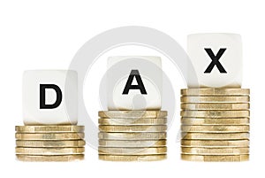 DAX (Frankfurt Stock Exchange Share Index) on Gold Coin Stacks Isolated on White photo