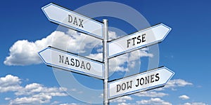 DAX, FTSE, NASDAQ, DOW JONES - metal signpost with four arrows photo