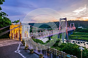 Daxi suspension bridge in taoyuan, taiwan. the translation of the chinese text is
