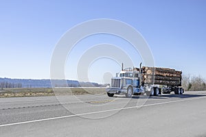Day cab classic powerful big rig semi truck transporting logs on the semi trailer driving on the road at sunny day