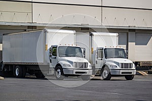 Day cab middle duty rig semi trucks with long box trailers loading cargo standing side by side in warehouse dock gates