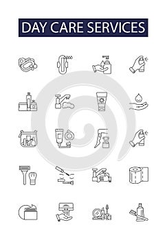 Day care services line vector icons and signs. care, health, people, patient, senior, happy, support,day outline vector