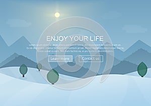 Day cartoon Winter Mountain Forest Landscape Background with snow trees. Website header banner elements layout