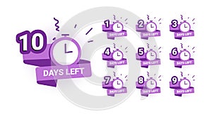 Day count banner. Countdown days to go, 1 2 3 4 5 6 7 8 9 10 sale banners and special offer badges. Vector isolated set