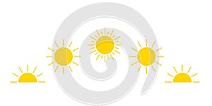 Day cycle and movement path sun icon, sunshine, sunrise or sunset. Decorative circle full and half sun and sunlight. Hot