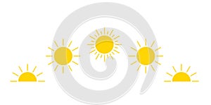 Day cycle and movement path sun icon, sunshine, sunrise or sunset. Decorative circle full and half sun and sunlight. Hot photo