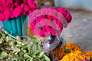 Day of the Dead Altar,prehispanic altar,Sapodilla leaves, torillas with beans, cempasÃºchil flowers