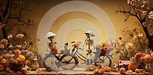 Day of the Dead Bicyclists: Skeletons Celebrating Amidst Autumn Flowers