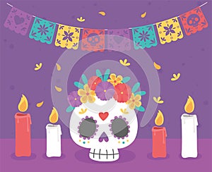 Day of the dead, catrina with flowers burning candles traditional mexican celebration