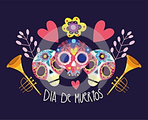 Day of the dead, catrinas flowers trumpets hearts decoration traditional celebration mexican